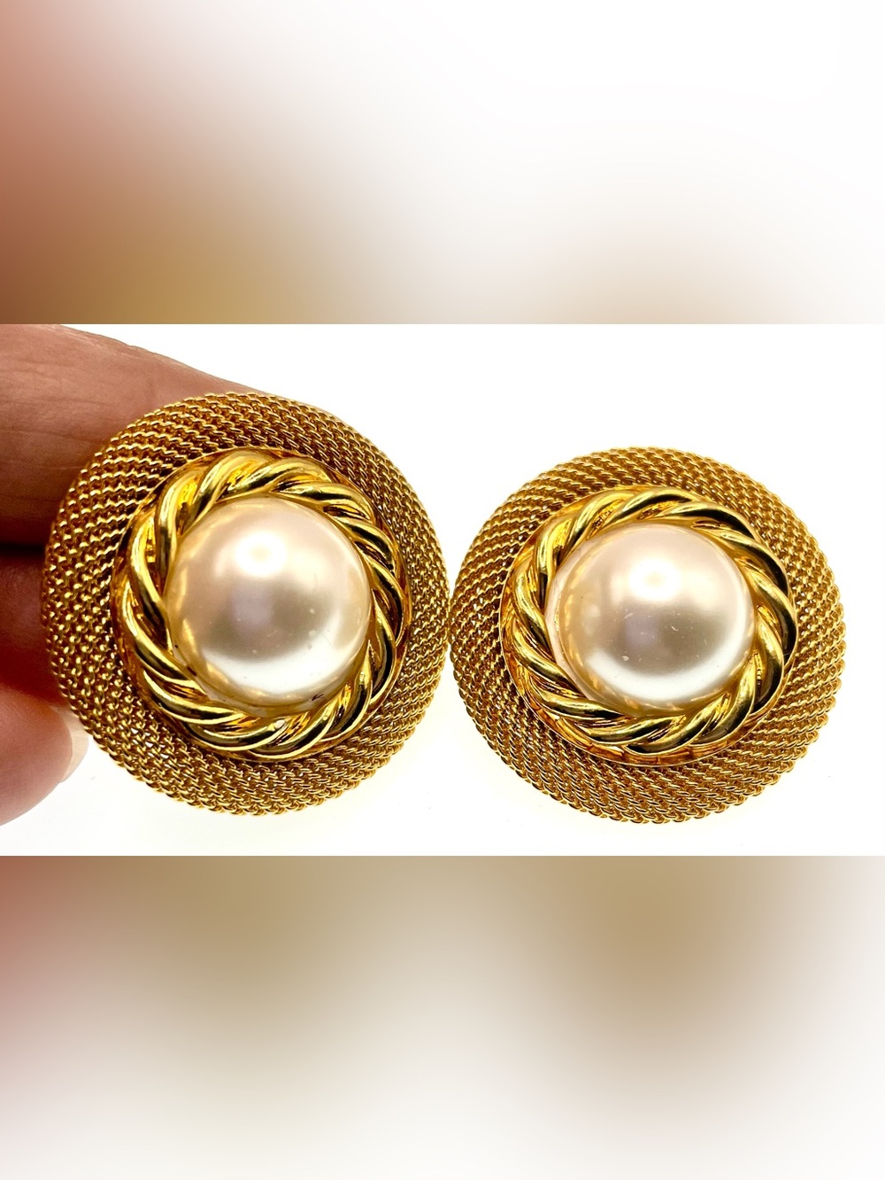 Vintage 1980s Large Gold Tone Mesh & Faux Pearl Statement Post Earrings